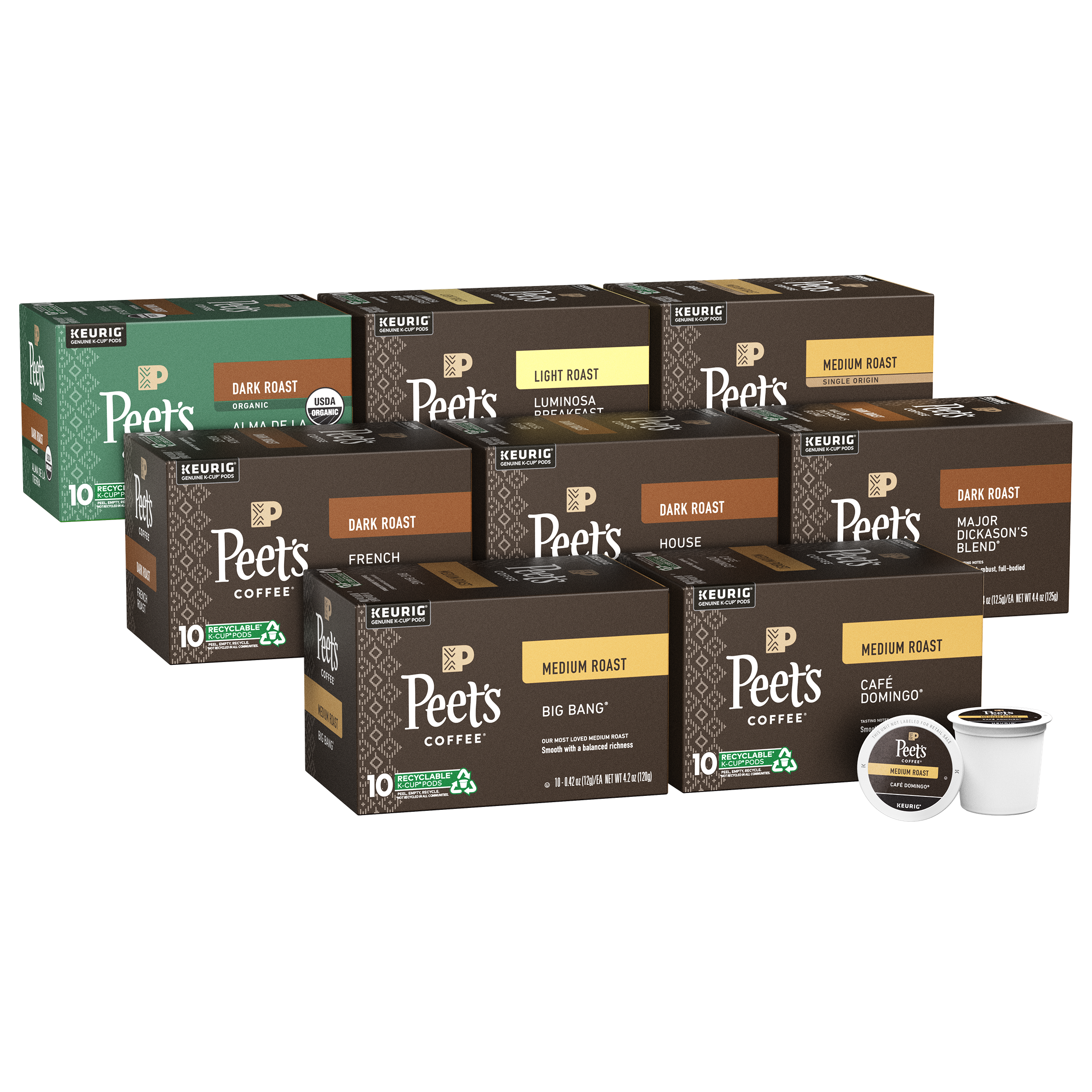 Peet's Coffee K-cup pod bundle. Eight variety boxes of 10 count pods